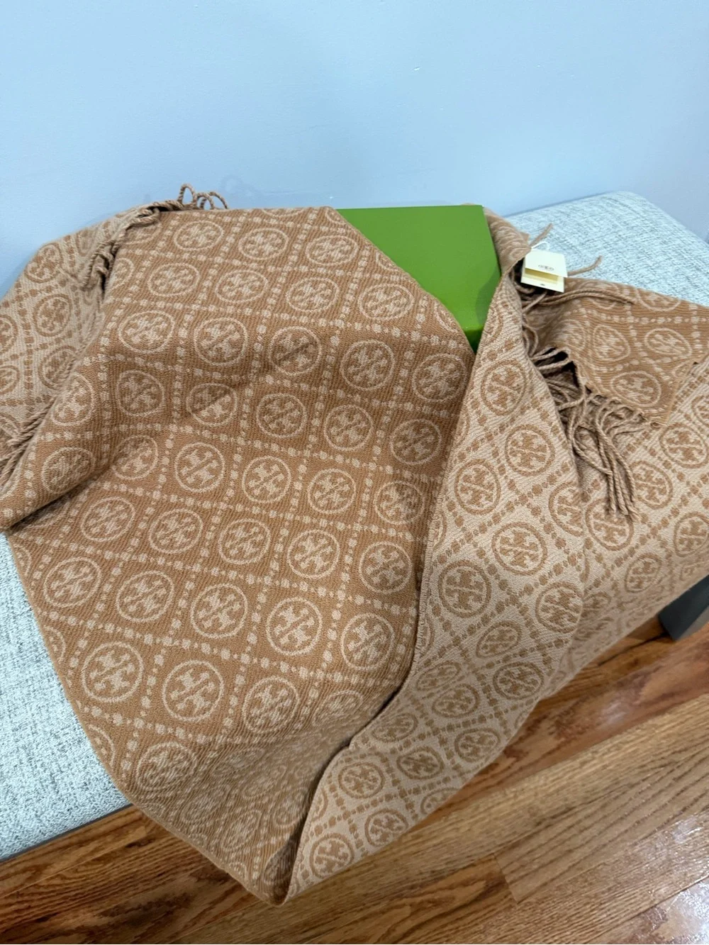 Tory Burch Two-Tone Camel Logo Fringe Scarf